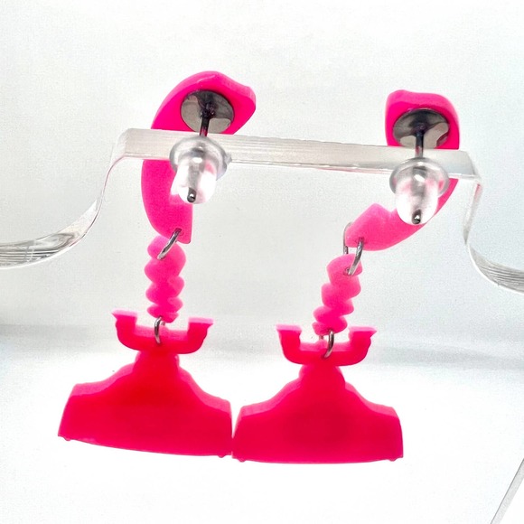 Telephone Earrings - Barbie Earrings - Retro Earrings - Pink Rotary Phone - Picture 4 of 8